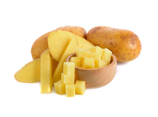 potato slice in wooden bowl isolated  on white background