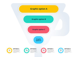 Pyramid 4 step process chart infographics with option circles. Funnel business workflow hierarchy elements. Company presentation slide template. Modern vector info graphic layout design.