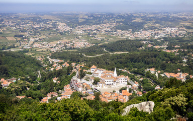 Fototapeta na wymiar View of the mountains, parks and the village of Sintra from the Moorish Castle