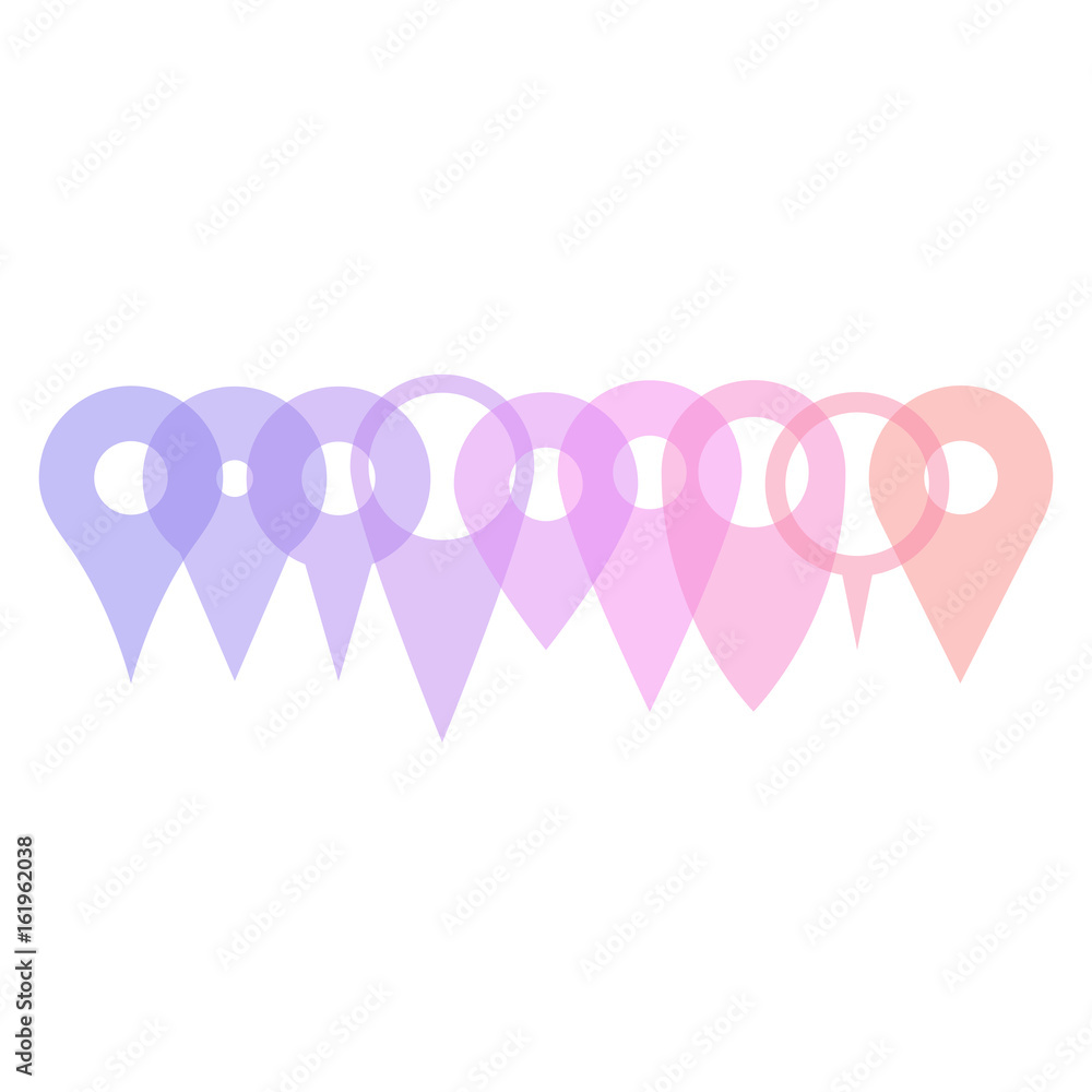 Aufkleber set of various map pointers arranged in a row, patly transparent and overlapping. simple flat silhou