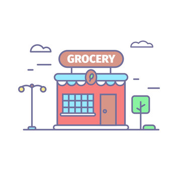 Grocery store line icon in trendy colors. Small cute shop front symbol with showcase on street background. Food market vector illustration.
