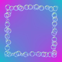 Shampoo foam square frame with realistic water bubbles on trendy gradient background. Cleaning liquid soap foam for bath and shower. Shampoo rainbow bubbles. Swimming pool flyer and invite.