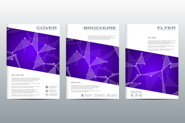 Fototapeta na wymiar Brochure template layout, flyer, cover, annual report, magazine in A4 size. Structure of molecular particles and atom. Polygonal abstract background. Vector illustration