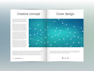 bi fold brochure template layout, flyer, cover, annual report, magazine in A4 size. Structure of molecular particles and atom. Polygonal abstract background. Vector illustration.