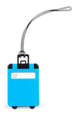 Obraz premium Blank bagde mockup isolated on white. Plain empty name tag mock up hanging on neck with string. Nametag with blue ribbon and transparent plastic paper holder. Badge clipping path. Corporate design.