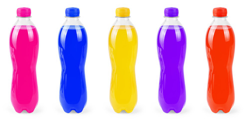 Small plastic bottle of Colorful soda isolated on white set