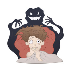Frightened Boy in bed and the creepy shadow monster. Fear of the dark, nightmare. Vector illustration, isolated on white background.