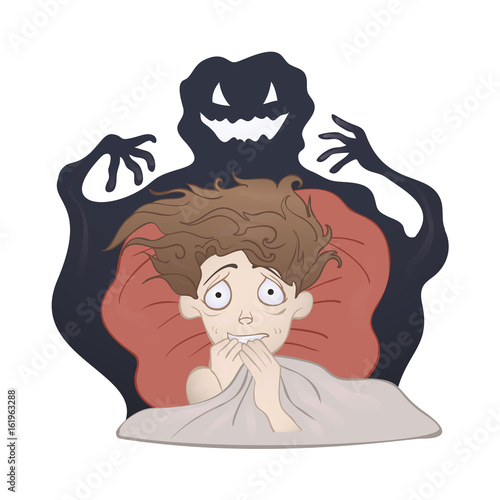 Frightened Boy In Bed And The Creepy Shadow Monster Fear Of The