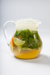 Homemade lemonade in a glass jug. Refreshing drink. A refreshing drink