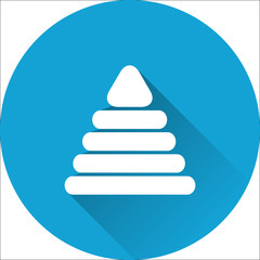 Pyramid icon. Vector. White baby toy on blue background. Baby shower simple symbol in flat design with long shadow.