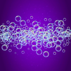 Shampoo foam in a line with realistic water bubbles on purple background. Cleaning liquid soap foam for bath and shower. Shampoo rainbow bubbles. Swimming pool flyer and invite.