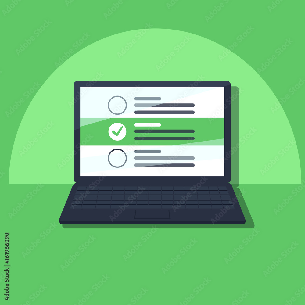Poster laptop and checkboxes with check mark. checklist, white tick on laptop screen. choice, survey concep