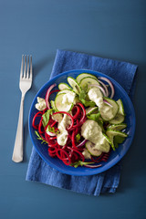 spiralized beet and cucumber salad with avocado dressing, healthy vegan meal