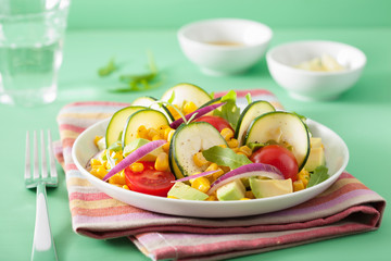 spiralized courgette salad with sweetcorn tomato avocado, healthy vegan meal
