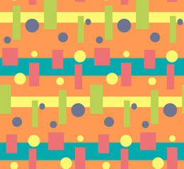 Abstract bright colorful geometric pattern with rounds, squares, rectangles, lines. Seamless texture with simple geometric elements