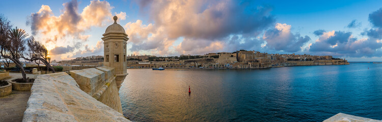 Senglea, Malta - Sunset and panoramic skyline view at the watch tower of Fort Saint Michael,...