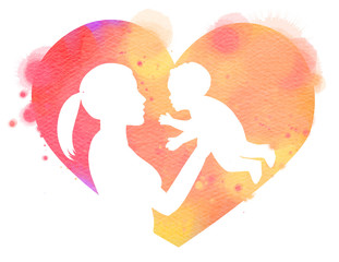 Double exposure illustration. Side view of Happy mother holding adorable child baby girl silhouette plus abstract water color painted. Digital art painting