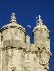 Fototapeta na wymiar Belem tower details and the moon