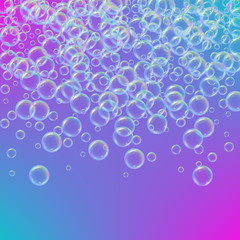 Shampoo foam in raining with realistic water bubbles on trendy gradient background. Cleaning liquid soap foam for bath and shower. Shampoo rainbow bubbles. Swimming pool flyer and invite.