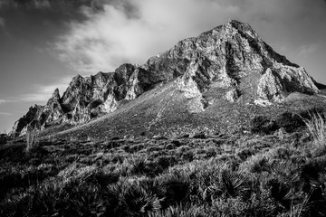 Mountain landscape in black and white. Monte Cofano, Sicily