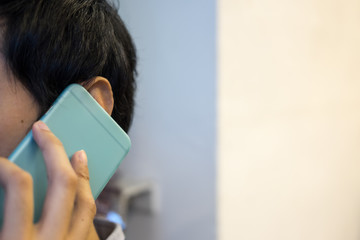 Close up of man calling phone with copyspace for text