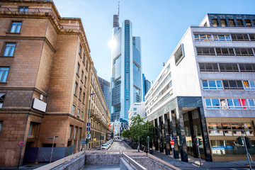 Street view at the financial district of Frankfurt city in Germany - obrazy, fototapety, plakaty