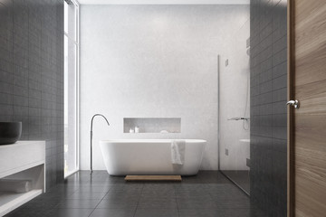Naklejka na ściany i meble White bathroom, black tiles, sink