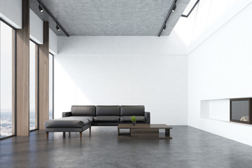 White living room with a sofa, front