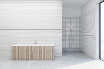 White wooden bathroom, shower