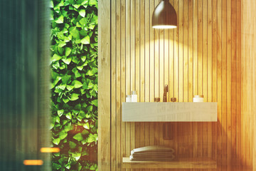 Eco bathroom with sink, wood toned