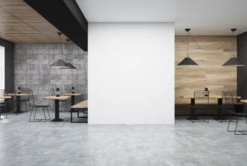 Store enrouleur Restaurant Café en bois et gris foncé, mur