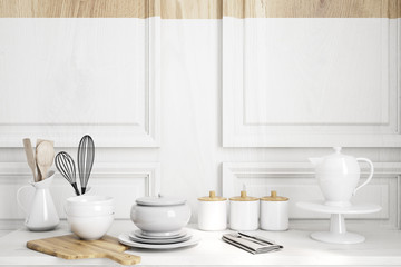 Fototapeta na wymiar White wooden kitchen countertop