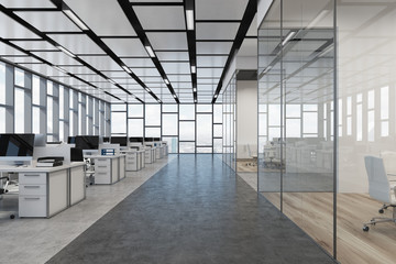 Open office, loft, glass, front view