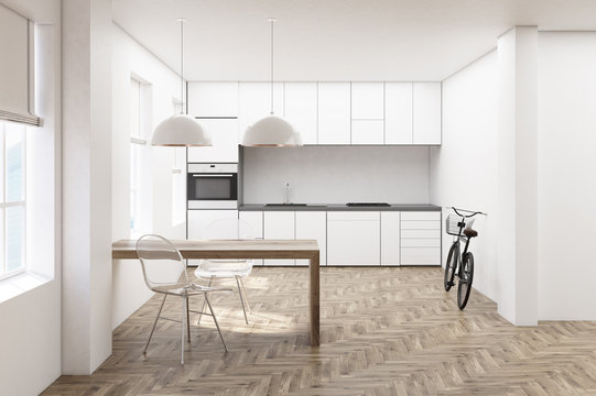 White kitchen, wooden floor front