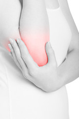 Woman holding elbow in pain isolated on white, clipping path