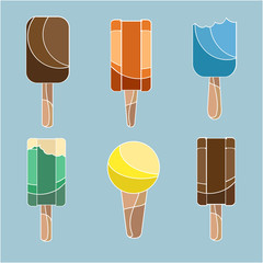 Set of ice creams with white outline isolated on blue background