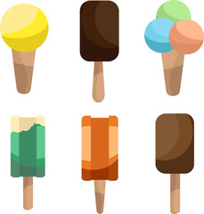 Set of six bright colored ice creams isolated
