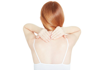 Woman holding both hands on painful neck isolated on white, clipping path