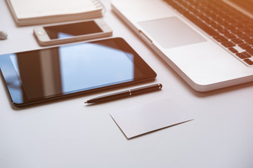 Looking for direction and inspiration, Office desk table with computer, Copy space for text, Top view and white background 