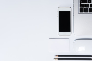 Looking for direction and inspiration, Office desk table with computer, Copy space for text, Top view and white background 