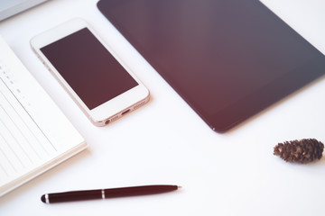 Looking for direction and inspiration, Office desk table with computer, Copy space for text, Top view and white background 