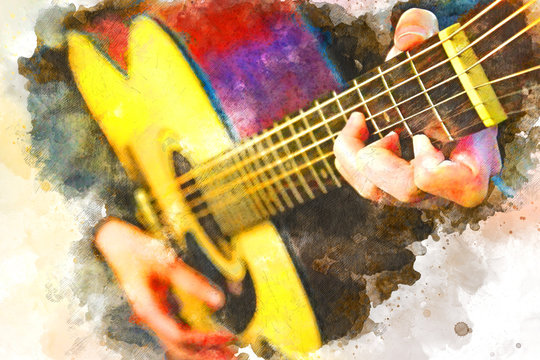 Abstract Guitarist in the foreground. Close up, Watercolor paint 