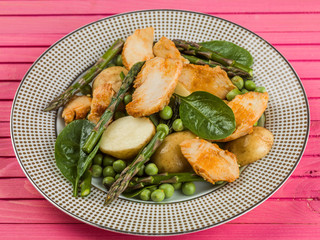 Chicken Salad With Asparagus Peas Spinach and Potatoes