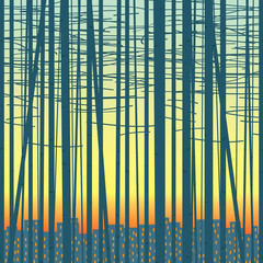 Vector seamless texture with silhouettes of trees against the evening city. Birch forest vector background.