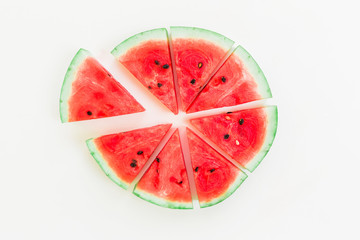 Slices of tasty watermelon on white background. Flat lay. Top view. Summer concept