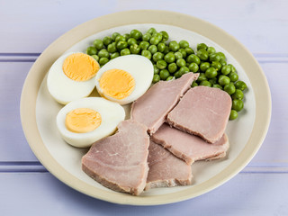 Cooked Ham and Egg Salad With Green Garden Peas