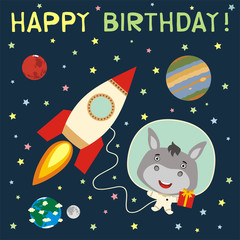 Happy birthday! Funny donkey  with gift in spacesuit next to rocket in space. Birthday card with donkey in cartoon style.