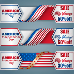 Set of web banners with texts and American flag, for fourth of July, America Independence day, sales, commercial event