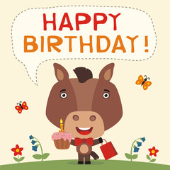 Happy birthday! Funny horse with birthday cake and gift. Birthday card with horse in cartoon style.