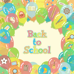 Back to school background surrounded by colorful transparent balloons with course and school item icons in flat style